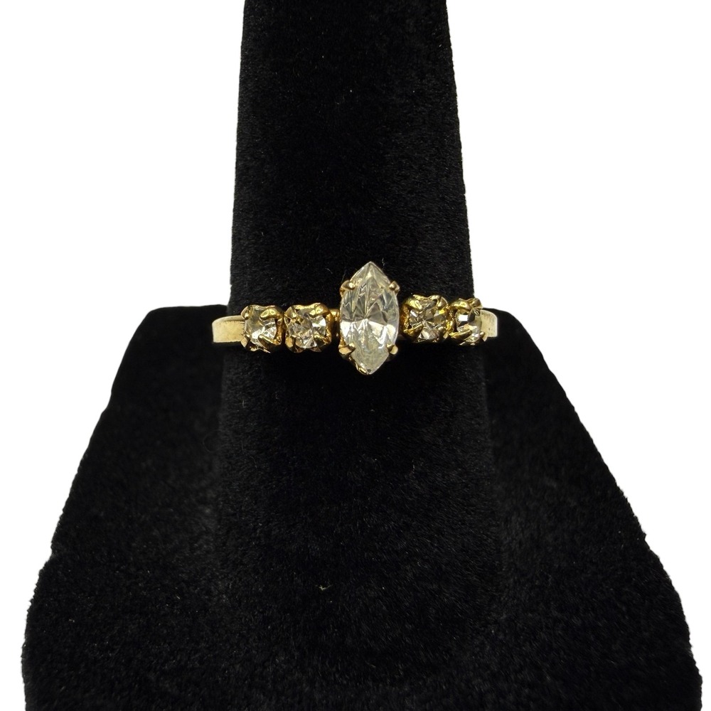 Vintage Style Gold Tone Marquise & Round Clear Rhinestone Ring Jewelry Size 6.5